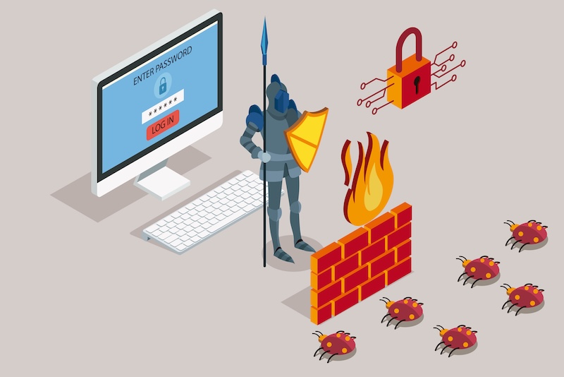An illustration of a computer protected by a knight, a firewall, and a padlock—representing internet security tools—blocking bugs symbolizing cyber threats, with a login screen displayed on the monitor.