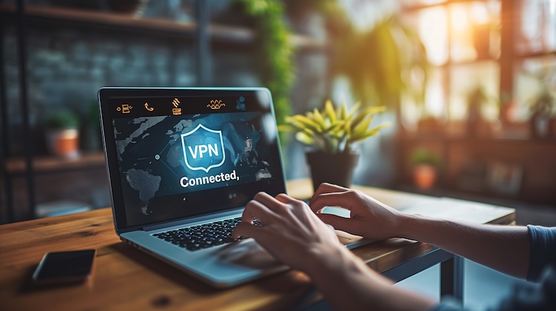 A person uses a laptop on a wooden desk with "VPN Connected" on the screen, highlighting internet security tools; the bright, modern room features plants and sunlight streaming through a window.