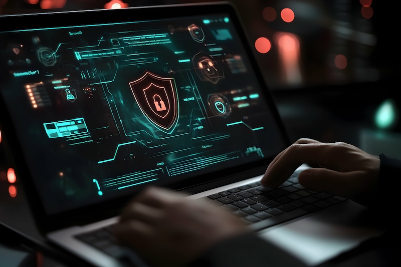 A person types on a laptop displaying a digital interface with a shield and padlock icon, representing internet security tools and data protection, illuminated in a dark room with red and green lights.