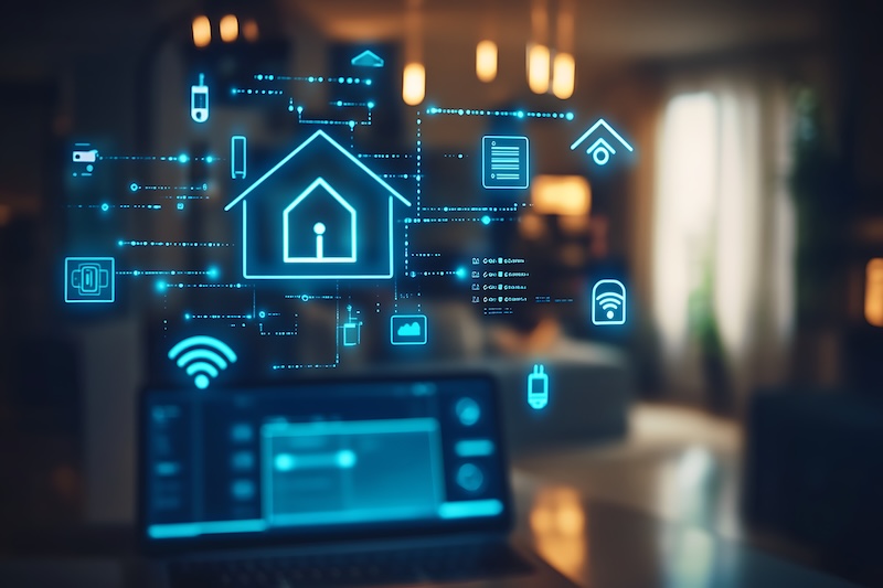 A laptop with a blurred home interior in the background displays glowing blue icons representing smart home technology, such as locks, Wi-Fi, and lights—all connected to a central house symbol—emphasizing ways to protect privacy online.