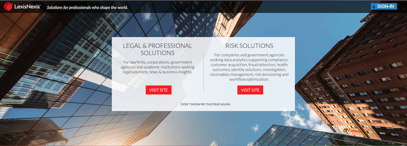 Screenshot of the LexisNexis homepage, showing skyscrapers and options for "Legal & Professional Solutions" and "Risk Solutions." The upper right "Sign-In" button is visible, with links on topics like how to remove items from LexisNexis.