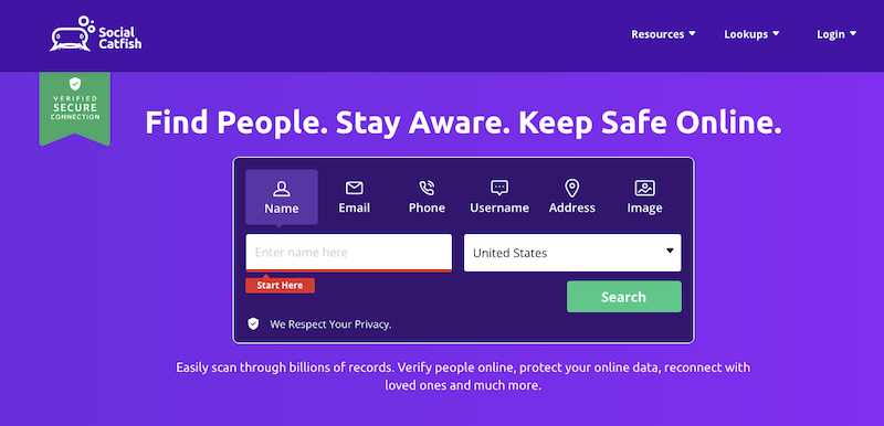 Screenshot of Social Catfish website homepage showing search options to find people by name, email, phone, username, address, or image. The banner reads “Find People. Stay Aware. Keep Safe Online.” Learn about social catfish opt out options.