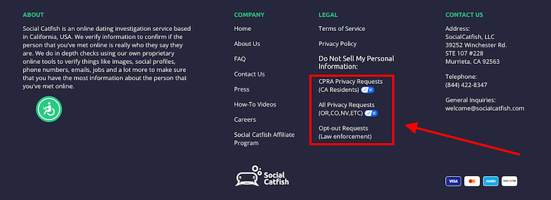 Website footer with company info, contact details, and privacy links. A red arrow points to three privacy request options: "CPRA Privacy Requests (CA Residents)," "All Privacy Requests (OR, CO, NV, etc.)," and "Social Catfish opt out for law enforcement.