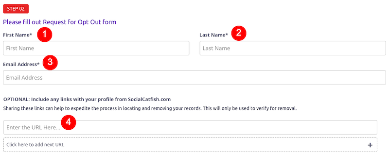 Screenshot of an online form for Social Catfish opt out, requesting first name, last name, email address, and optional profile links. Each field is clearly labeled and marked with red numbered circles.