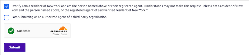 A form with two checkboxes—one for New York residency verification, the other for authorized agents. Below is a “Success!” message with a Cloudflare logo, a purple “Submit” button, and an option to social catfish opt out.