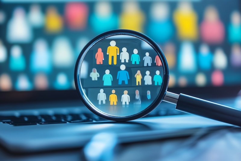 A magnifying glass focuses on colorful human icons displayed on a laptop keyboard, symbolizing searching for people, recruitment, or analyzing demographics—perfect for illustrating concepts like PeopleSearchNow Opt Out. The background features blurred icons on a screen.