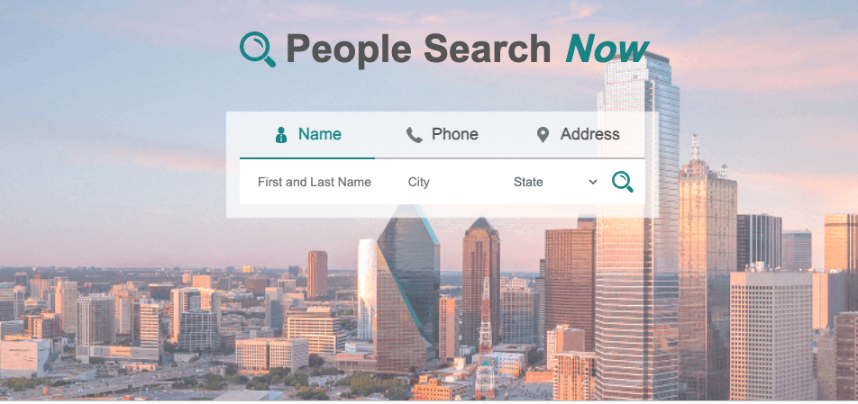 A people search interface over a city skyline, with options to search by name, phone, or address—including input fields for first and last name, city, and state—plus easy access to PeopleSearchNow Opt Out features.