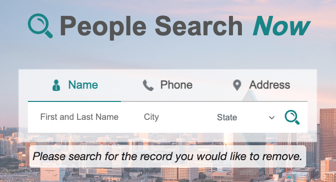 A PeopleSearchNow Opt Out website interface with options to search by name, phone, or address. Search fields for name, city, and state are shown above a skyline background. Text reads: "Please search for the record you would like to remove.