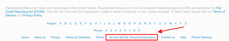 Website footer with alphabetical navigation and phone number links. A red arrow points to a highlighted "Do Not Sell My Personal Information" link, next to other options like the PeopleSearchNow Opt Out.