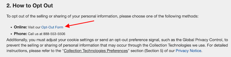 A screenshot showing PeopleSearchNow Opt Out instructions for personal information sharing. It highlights an "Opt-Out Form" link under "Online" and provides a phone number for opting out by phone.
