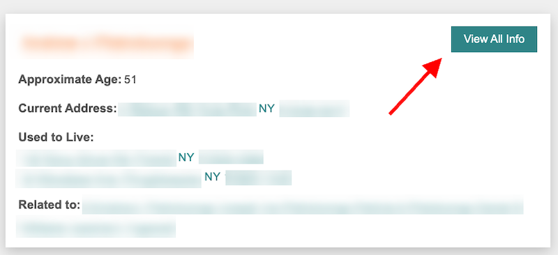 A webpage showing blurred personal details with a red arrow pointing to a green "View All Info" button in the top right corner, illustrating the PeopleSearchNow Opt Out process.