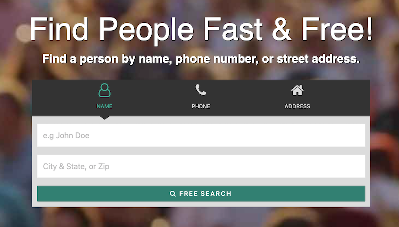 A search website interface with the title "Find People Fast & Free!" offers options for a fast people search by name, phone, or address. Input fields for name and location are displayed below the title next to a green "Free Search" button.