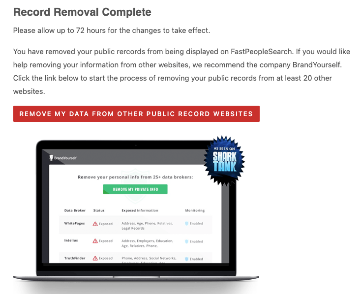 A laptop screen shows a website for removing personal information from public record websites. A red button below the screen says "REMOVE MY DATA FROM OTHER PUBLIC RECORD WEBSITES." Text above the screen explains the fast people search removal process and recommends the company BrandYourself.