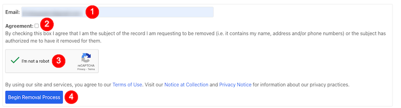 A fastbackgroundcheck form featuring fields for email address, an agreement checkbox, a CAPTCHA box, and a blue "Begin Removal Process" button at the bottom.
