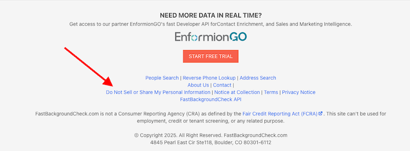 A website footer with a red arrow pointing to the “Do Not Sell or Share My Personal Information” link among several navigation links, including fastbackgroundcheck, under the EnformionGO logo and a “START FREE TRIAL” button.