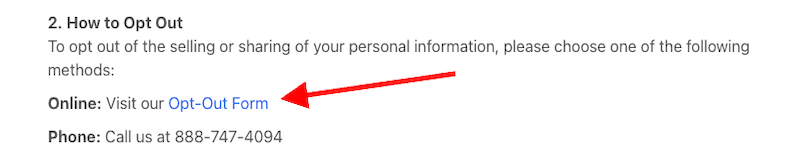 Section titled "How to Opt Out" with instructions. A red arrow points to a blue hyperlink labeled "Opt-Out Form" as the online fastbackgroundcheck method. A phone number is also provided for opting out by phone.
