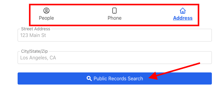 Screenshot of a search form from fastbackgroundcheck with tabs for People, Phone, and Address, fields for Street Address and City/State/Zip, and a blue "Public Records Search" button highlighted by a red box and arrow.