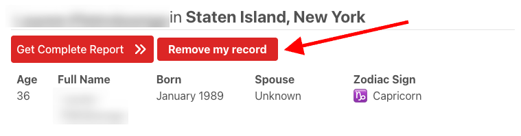 A red arrow points to a red "Remove my record" button on a fastbackgroundcheck website page displaying personal details like age, birth month and year, spouse, and zodiac sign.