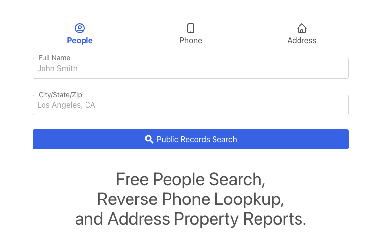 A search form with tabs for People, Phone, and Address. "Full Name" and "City/State/Zip" fields are filled. Button says "Public Records Search." Powered by fastbackgroundcheck for Free People Search, Reverse Phone Lookup, and Address Property Reports.