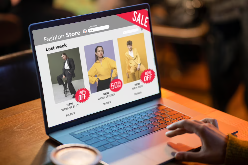 a person is using a laptop with a fashion store on the screen.