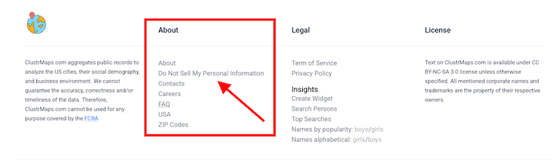 A website footer section with an "About" column highlighted in red. A red arrow points to the “Do Not Sell My Personal Information” link, referencing clustrmaps opt out options within the highlighted area.