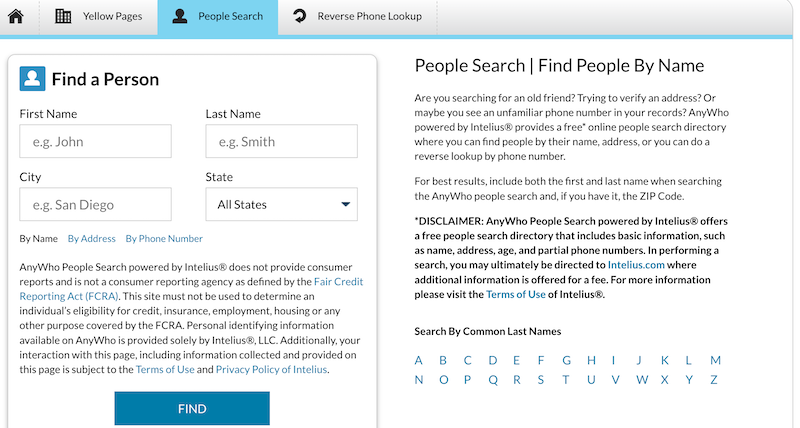Screenshot of a people search webpage. There's a section titled "Find a Person" with fields for first name, last name, and city. Another section, "People Search | Find People By Name," provides information and a search disclaimer. A button labeled "Terms of Use" is visible, with an option to anywho opt out.