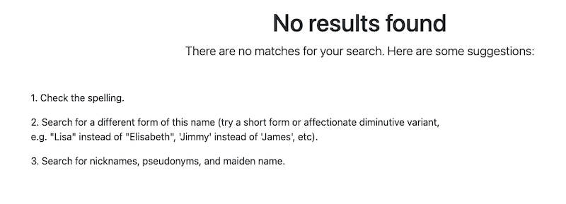 Screenshot shows a message reading "No results found" with suggestions to check spelling, try name variants, or search for nicknames, pseudonyms, and maiden names—useful steps when seeking clustrmaps opt out information.