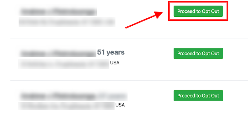 A red arrow points to a green "Proceed to Opt Out" button on a webpage listing multiple user entries, each with similar green buttons—part of the clustrmaps opt out process. Some text is blurred for privacy.