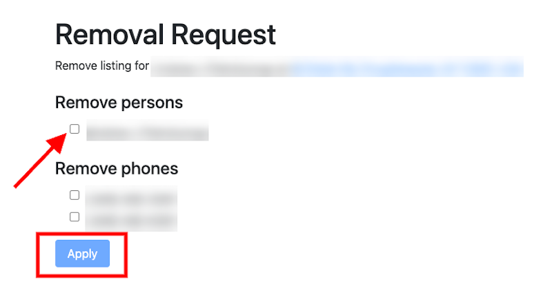 Screenshot of a "Removal Request" form for clustrmaps opt out, featuring checkboxes to remove persons or phone numbers. A red arrow points to the "Remove persons" checkbox, and the "Apply" button is highlighted at the bottom.