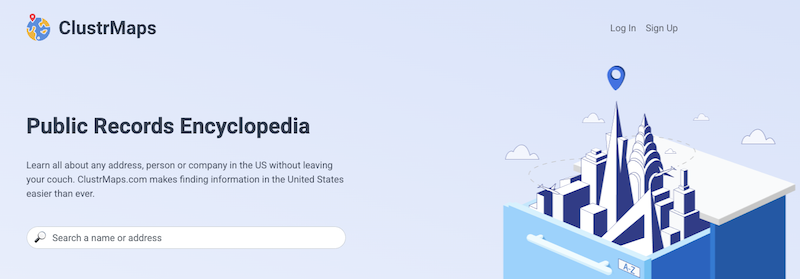 A website homepage for ClustrMaps shows a search bar, city skyline illustration, and text reading "Public Records Encyclopedia," with clustrmaps opt out information and options to log in or sign up in the top right corner.