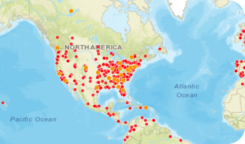 A map of North America displaying numerous red and orange dots, similar to a ClustrMaps visualization, concentrated in the United States and parts of Mexico. The surrounding oceans and parts of Canada are visible. Learn how to ClustrMaps opt out if desired.