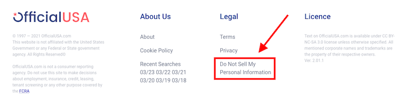 Footer section of a website with links for About Us, Legal, Licence, and officialusa.com opt out. A red arrow points to a highlighted link labeled "Do Not Sell My Personal Information.