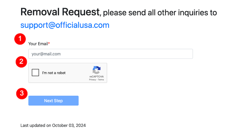 The officialusa.com opt out "Removal Request" form asks for your email address, includes a CAPTCHA checkbox, and a "Next Step" button. A contact email and the last updated date, October 03, 2024, are also displayed.