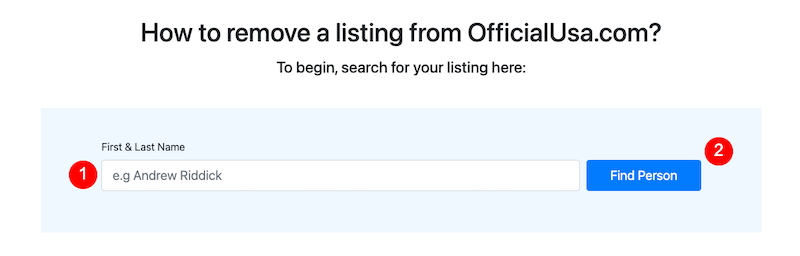 Screenshot showing officialusa.com opt out instructions—users are prompted to search for their listing by entering a first and last name, then clicking the blue "Find Person" button.