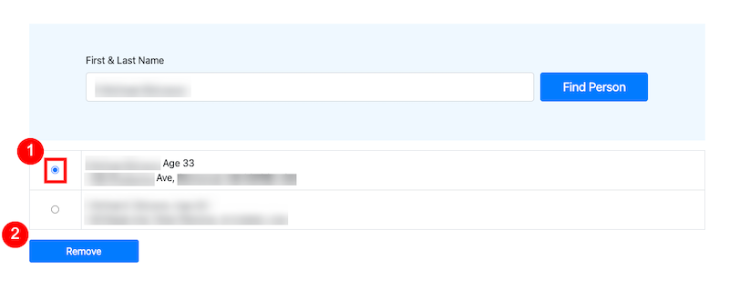 A search result interface for officialusa.com opt out featuring a "First & Last Name" input box, a "Find Person" button, a list item with a profile icon (labeled 1), and a blue "Remove" button (labeled 2) below the result.