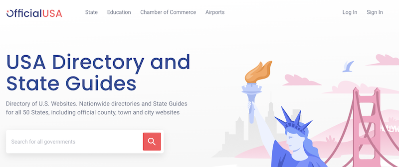 Screenshot of a website titled "OfficialUSA" offering a USA Directory and State Guides. The image features illustrations of the Statue of Liberty, the Golden Gate Bridge, and a search bar for government sites, plus officialusa.com opt out options.