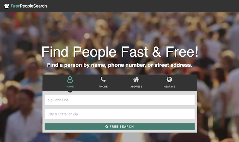 The home screen of the FastPeopleSearch website.