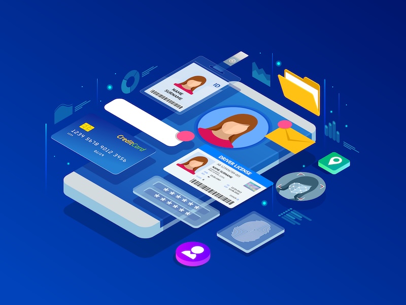 Illustration of digital identity and security featuring ID cards, a credit card, driver’s license, folder, email, fingerprint, password field, and location icon—plus a block truthfinder symbol—all floating above a smartphone on a blue background.