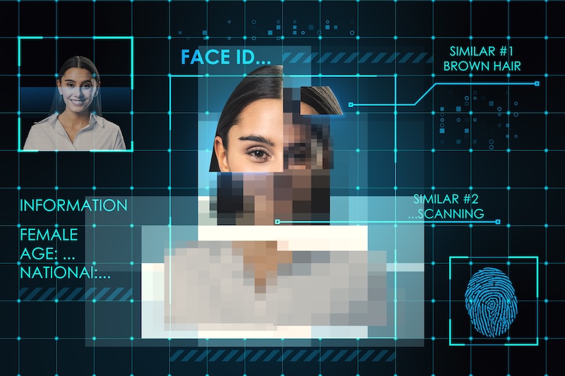 A digital interface displays facial recognition analysis with a central pixelated face, profile details, smaller profile images, a fingerprint, and blue grid lines—evoking block TruthFinder’s advanced biometric identification technology.