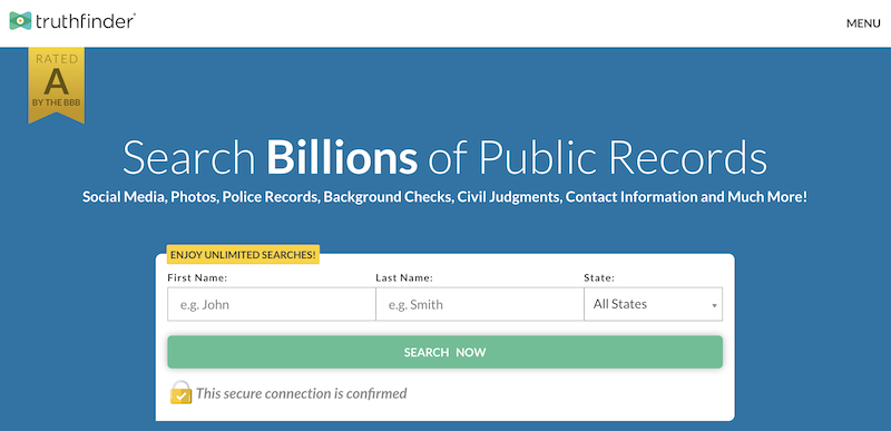 Truthfinder website homepage shows a search bar for public records, including fields for first name, last name, and state selection. A yellow badge displays a BBB "A" rating, and a secure connection message appears—no option to block Truthfinder here.