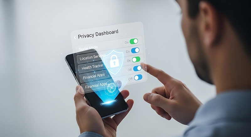 A person using a smartphone with a virtual privacy dashboard interface, adjusting privacy settings such as social media, location tracking, health tracker, financial apps, and financial records.