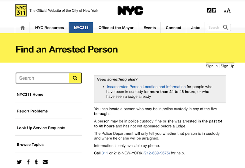 NYC 311 webpage titled "Find an Arrested Person," with search tips, contact info, and links for locating someone in police custody or learning how to find someone's mugshots in New York City, plus related resources and support options.