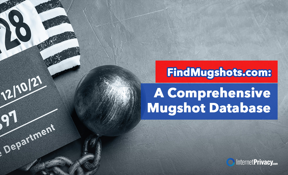 An image depicting a mugshot setup with bold black-and-white stripes, metallic shackles, date card, and a logo for "findmugshots.com: an extensive mugshot database".