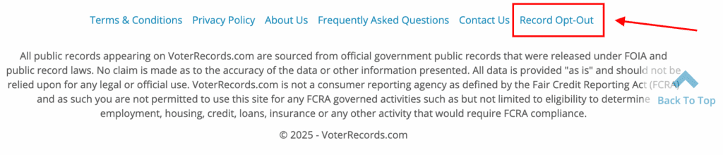 Screenshot of a website footer with an arrow highlighting the "Record Opt-Out" link beside navigation links like Terms & Conditions, Privacy Policy, and Contact Us. Text below details how voterrecords sources its public records.