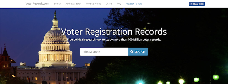 A website homepage for voterrecords with a search bar to look up voter records. The US Capitol building is in the background at dusk, and site navigation links appear at the top.