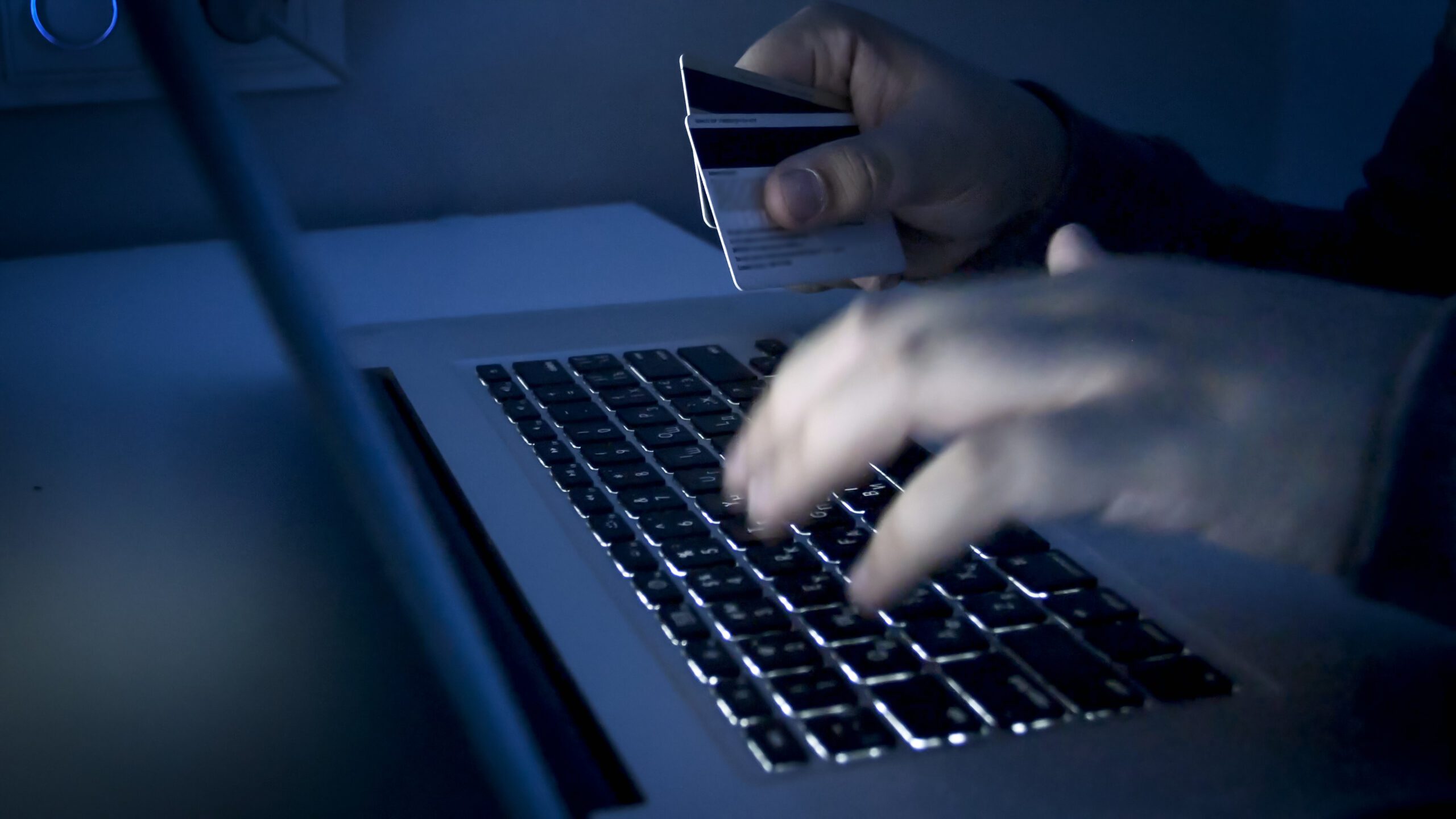 A close-up image of hands typing on a laptop keyboard, with one hand holding a credit card. The scene is dimly lit, creating a shadowy atmosphere. The focus is on the act of online shopping or entering payment information.