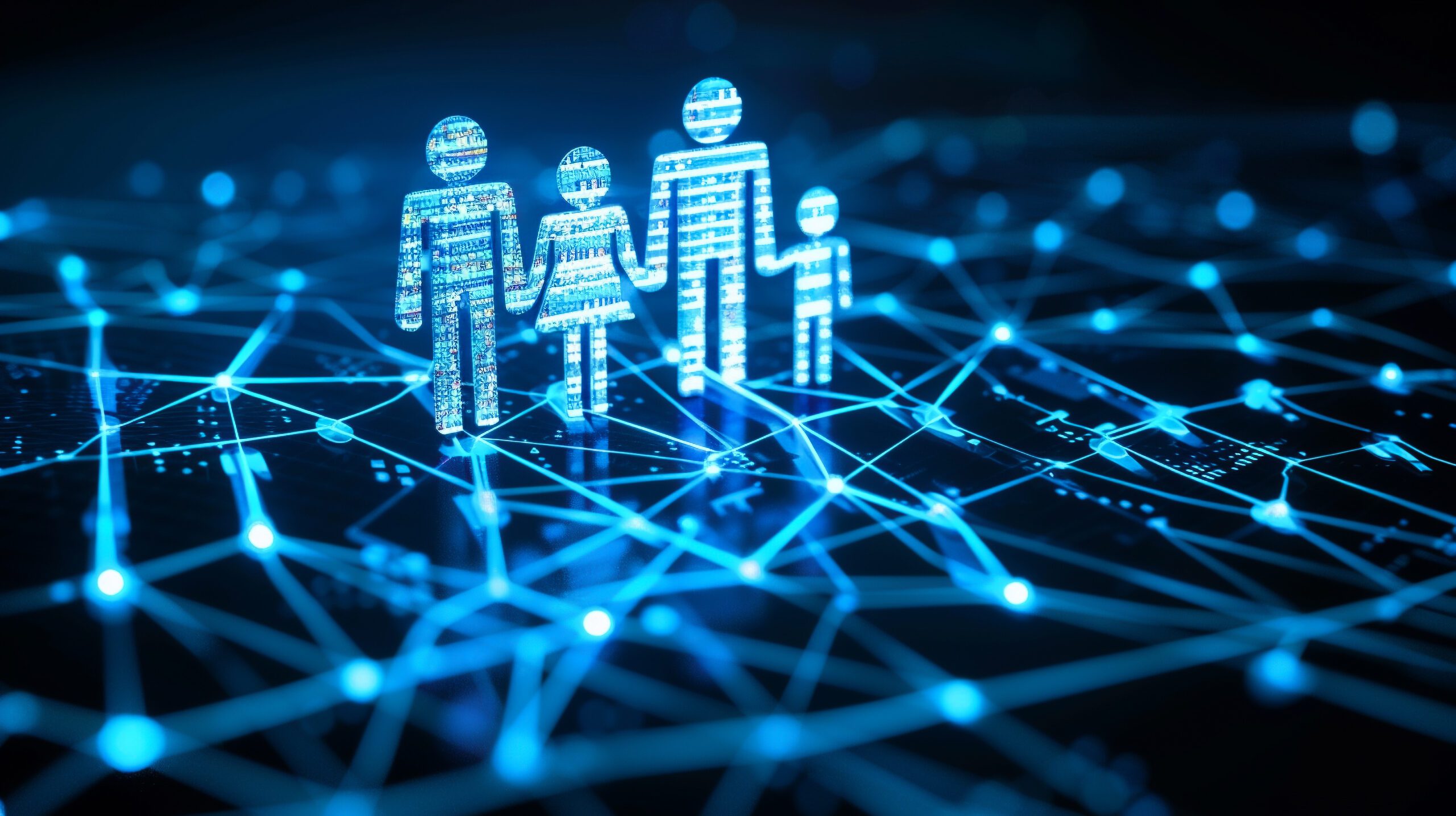 A futuristic digital illustration features a glowing blue hologram of a family with two adults and two children, standing on an interconnected network of lines and nodes. The scene symbolizes technology's impact on human connections and family dynamics.