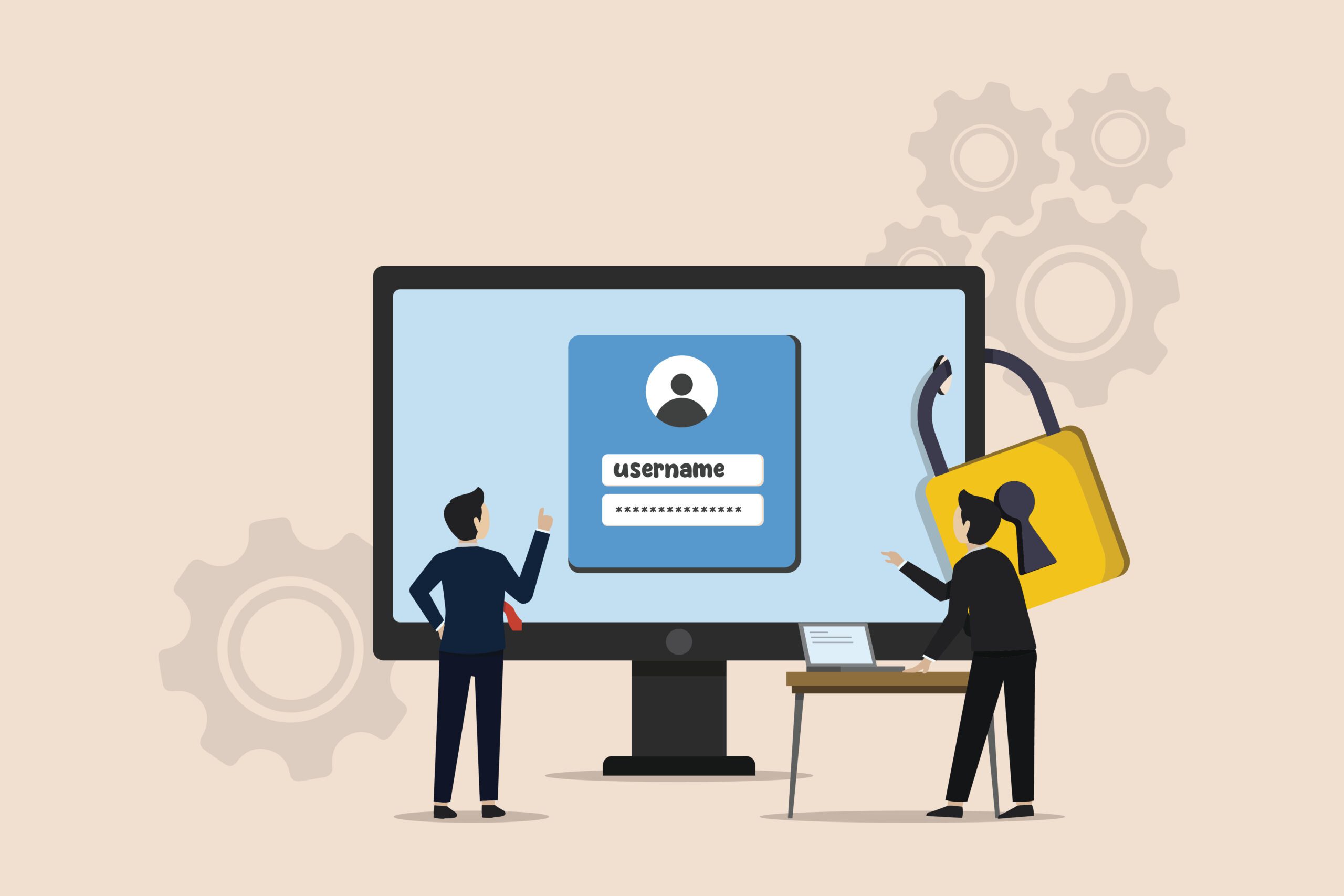 An illustration of two people standing near a large computer screen displaying a login window with fields for username and password. A padlock symbol and gears are in the background, emphasizing cybersecurity and data privacy rights. One person is at a desk with a laptop pointing at the screen.