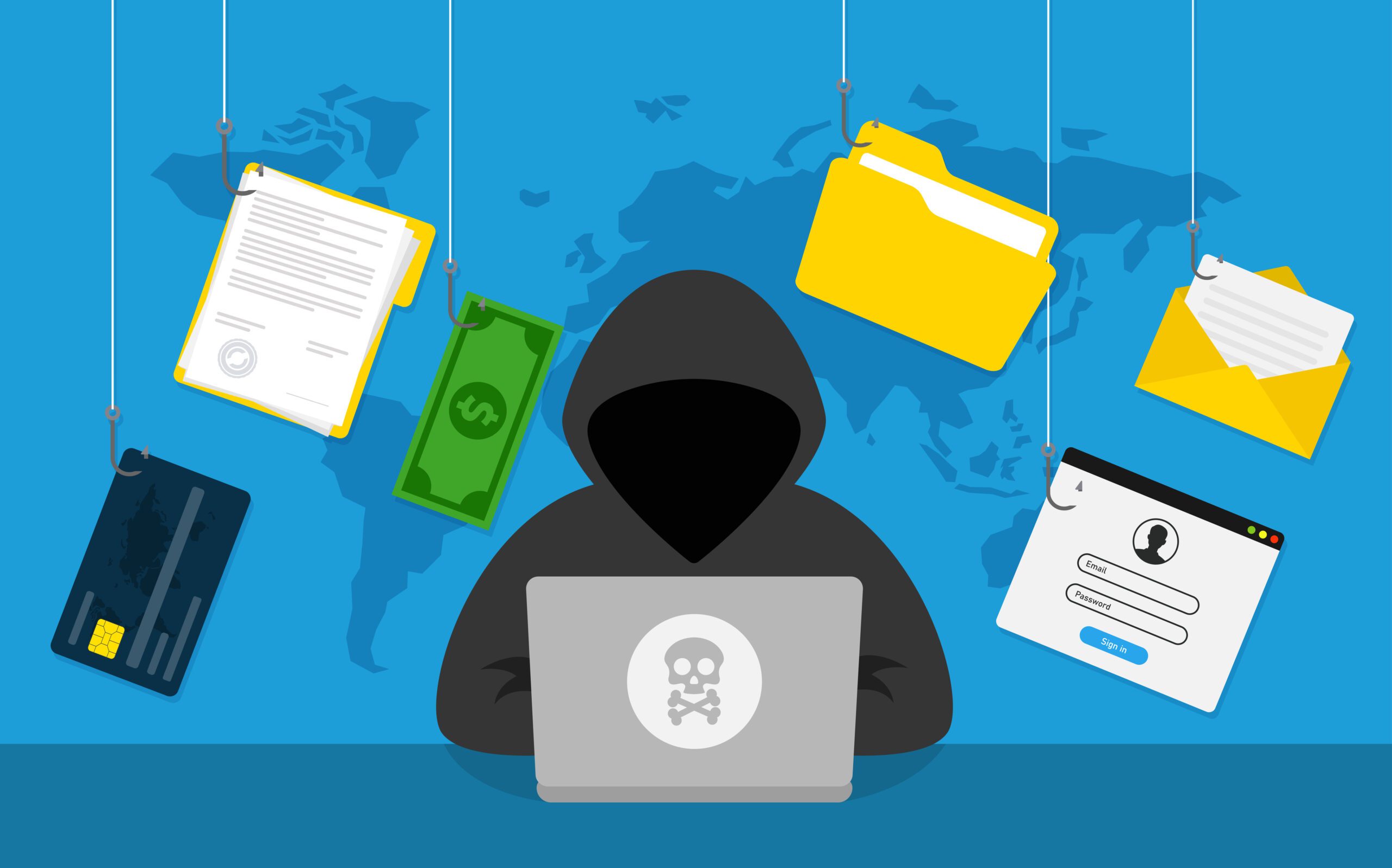 An illustration of a hooded figure at a laptop with a skull symbol, depicting cybercrime and how to deal with online blackmail. Hanging from fishing lines are icons of a credit card, money, documents, and an email. The background features a world map in blue.