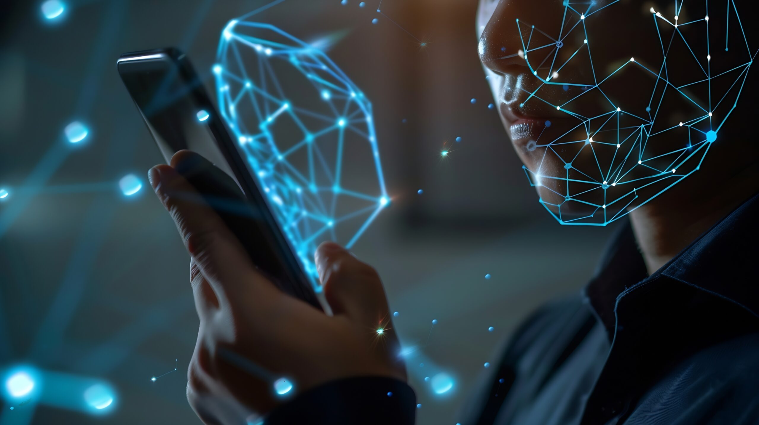 A person holds a smartphone, using facial recognition technology. Blue neural network patterns overlay their face, illustrating the process of digital scanning and identification. The background is blurred, highlighting the technology in use.